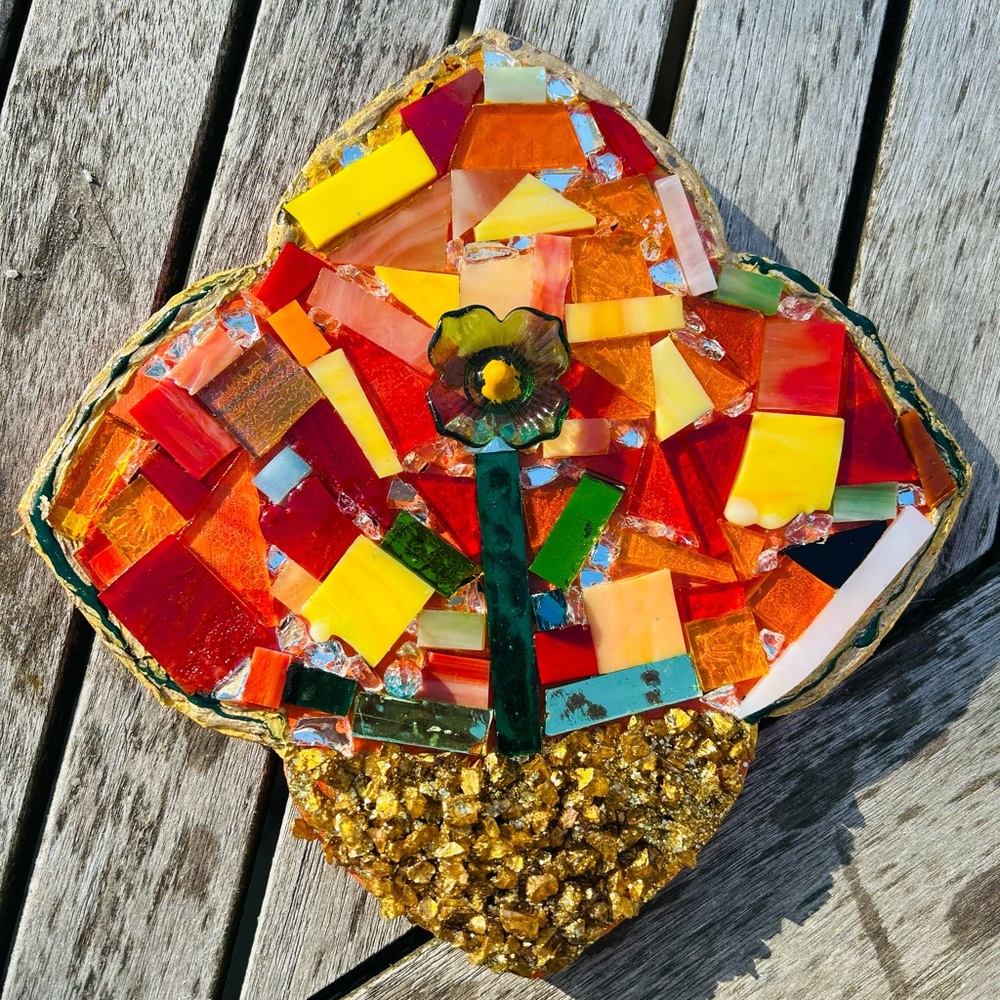 Stained glass oil painted mosaic on Quatrefoil wood panel